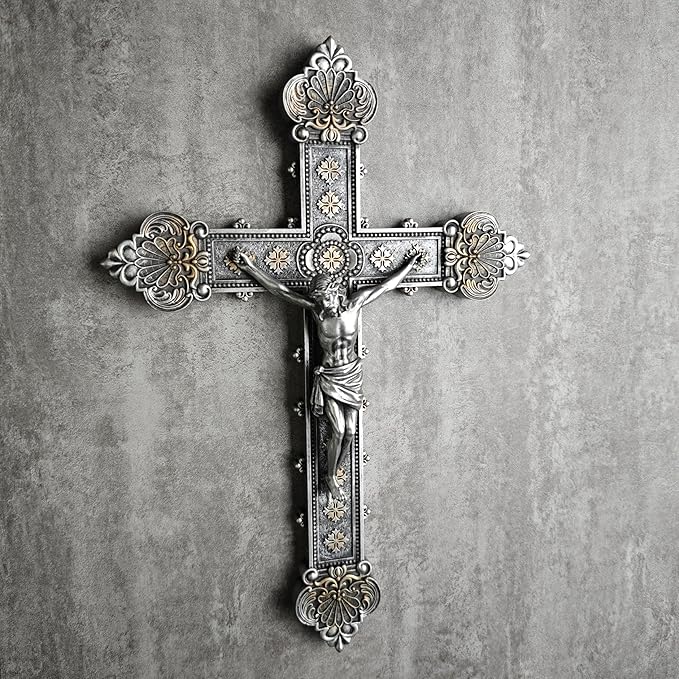 BC Catholic Crucifix Wall Cross, 12"H Jesus Christ Home Decor, Religious Gift, Vintage Silver Color Finish, Renaissance Sculpture Hand-painted by Buildclassic