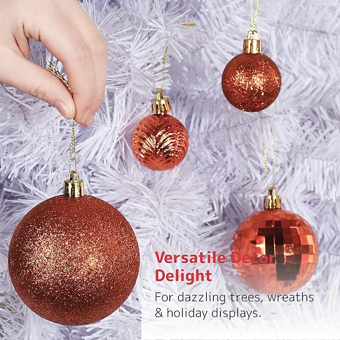 PREXTEX 36 Piece Christmas Ornaments Set - Copper Orange Ornament Balls with 3 Sizes and 6 Styles - Durable, Shatterproof Christmas Bulb Ornaments for Trees, Wreaths, Garlands, and Holiday Decorations