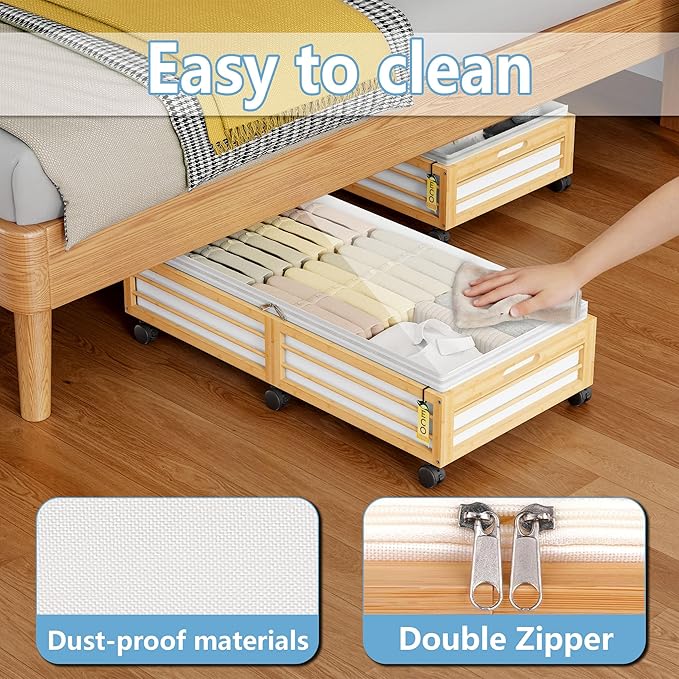 Under Bed Storage Containers with Wheels, Larger Bamboo Wood Under Furniture Storage Containers with Dust Bags，Rolling for Shoes Clothes