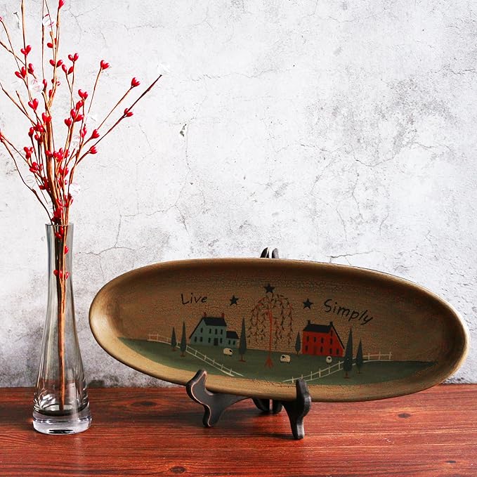 CVHOMEDECO. Primitive Rustic House Willow Tree Sheep Wood Decorative Plate Oval Crackled Display Wooden Plate Home Décor Art, 15-1/2 X 5-3/4 Inch