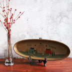 CVHOMEDECO. Primitive Rustic House Willow Tree Sheep Wood Decorative Plate Oval Crackled Display Wooden Plate Home Décor Art, 15-1/2 X 5-3/4 Inch
