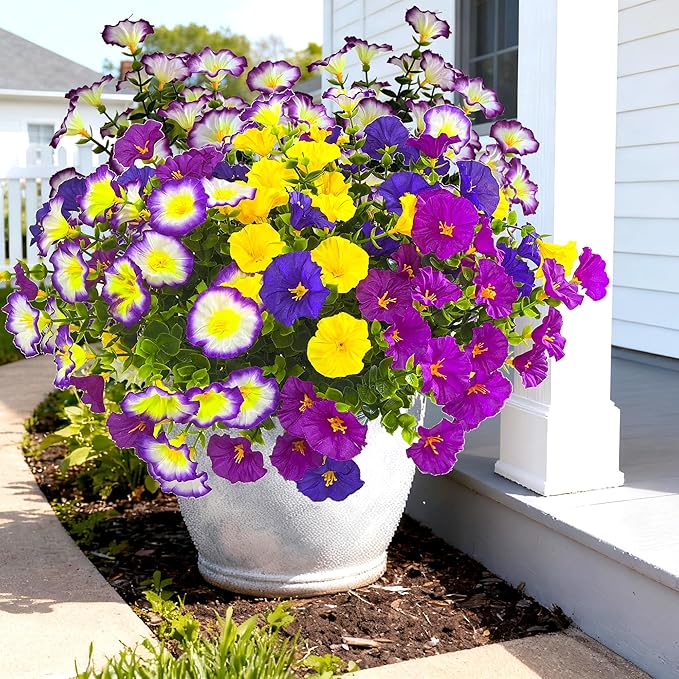 Artificial Faux Flowers for Outdoors, 12 Bundles Artificial Plants Outdoor UV Resistant, Fake Morning Glory Silk Flowers for Outside Planter Porch Patio Yard