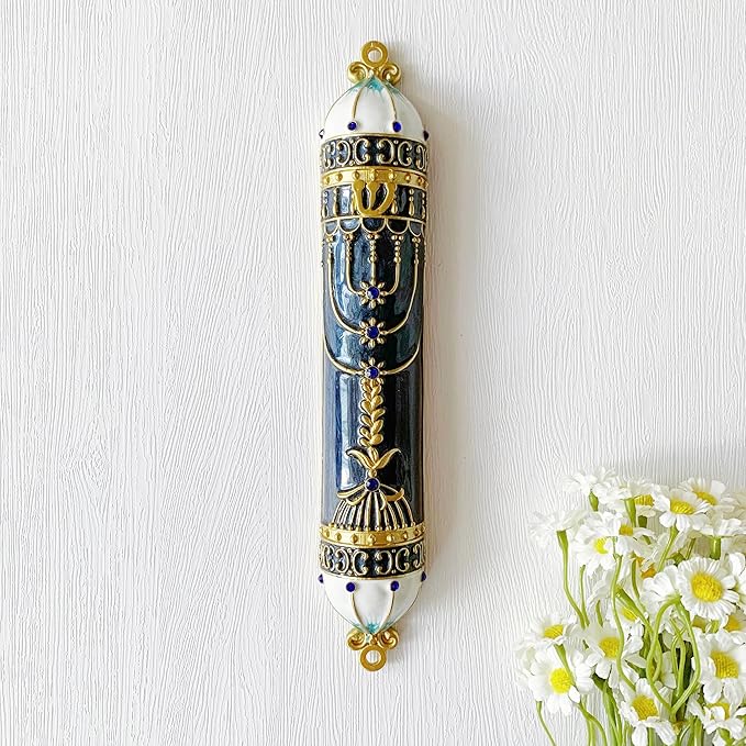 9 Inches Mezuzah, Exquisite Black and Gold Enamel Mezuzah with Blue Crystal Accent