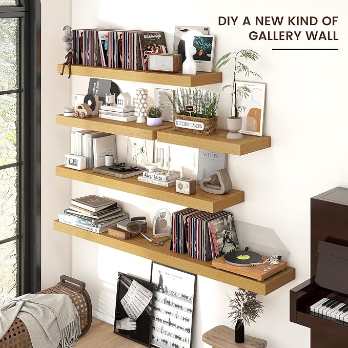 Venusmiles Floating Shelves for Wall, 36 Inch Wide x 12 Inch Deep Floating Shelves, Long Wood Floating Wall Shelf Shelves for Living Room Bathroom Bedroom Kitchen Home - (Oak, 36" W x 12" D x 2" H)