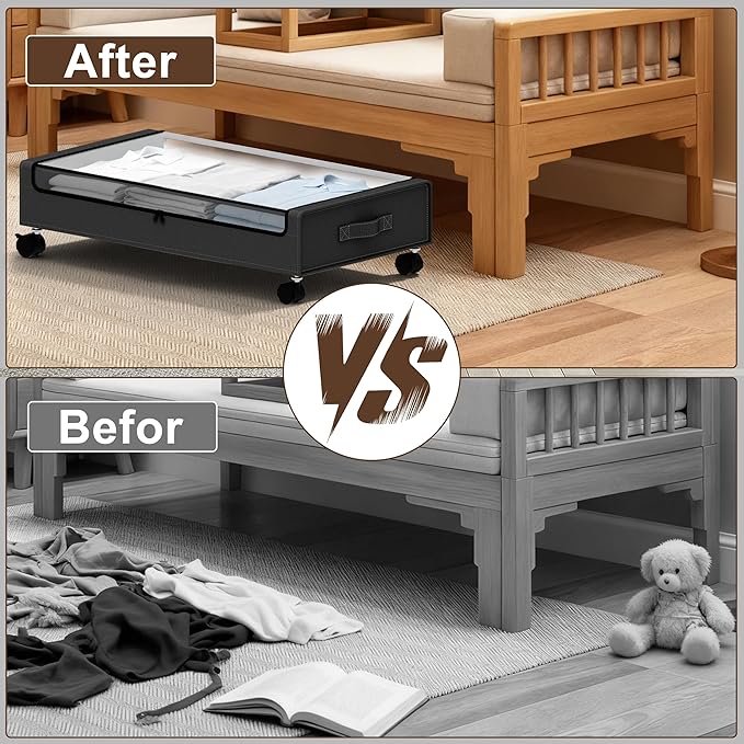 Under Bed Storage with Wheels - 2Pack 60L Underbed Storage Containers with Clear Lid & Label, Rolling Under Bed Storage Bins for Clothes, Shoes, Blankets (XL,Black)