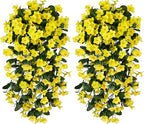 Artificial Faux Hanging Plants Flowers for Outdoor Spring Summer Decor, 2 PCS Fake Silk Yellow Daisy Long Vines Orchid UV Resistant Realistic Mums for Outside Home Porch Patio Balcony Planter