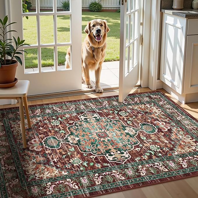 U'Artlines Boho Vintage Area Rug 3x5 Machine Washable Low Pile Ultra-Thin Soft Floor Carpet Non Slip Non Shedding Accent Rug for Living Room Bedroom Entryway Dining Room Office Rust＆Teal
