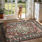 U'Artlines Boho Vintage Area Rug 3x5 Machine Washable Low Pile Ultra-Thin Soft Floor Carpet Non Slip Non Shedding Accent Rug for Living Room Bedroom Entryway Dining Room Office Rust＆Teal