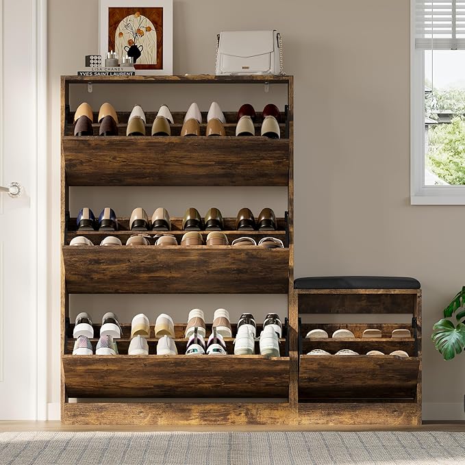 Shoe Cabinet with Bench and 3 Flip Drawers, Slim Narrow Shoe Storage Cabinet, Freestanding Shoe Rack Organizer with Adjustable & Removable Shelves, Anti-Tip for Entryway, Hallway, Foyer