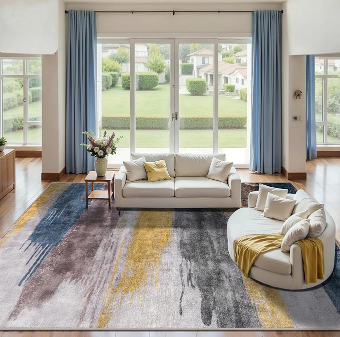 Ciicool Modern Abstract Rug for Living Room, 10'x14' Machine Washable Area Rug Non-Slip Rug, Low-Pile Contemporary Indoor Dining Floor Carpet for Bedroom Office Under Table Home Decor Yellow Grey