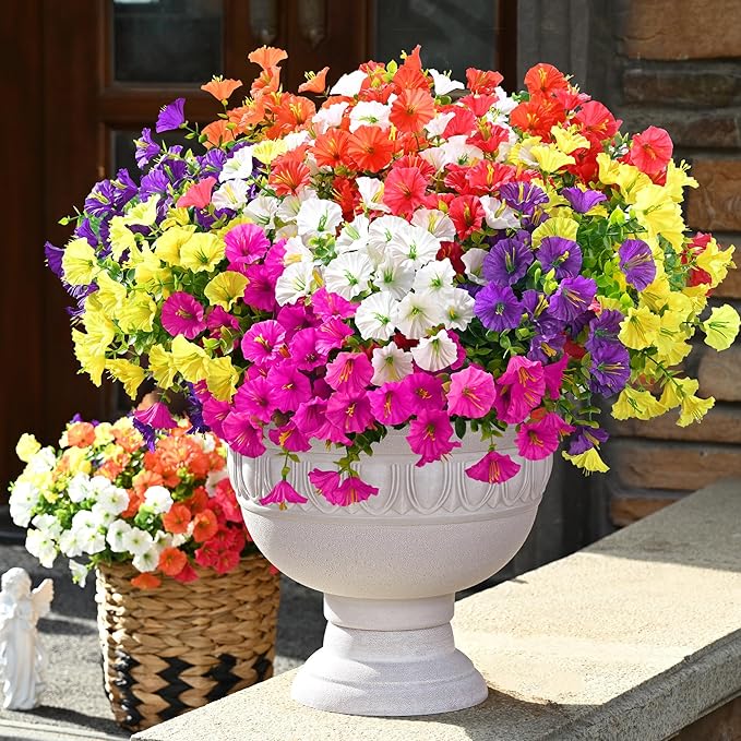Waipfaru Artificial Flowers for Outdoors, 24 Bundles Faux Plants Outdoor, UV Resistant Artificial Plants Outdoor, Silk Petunias Fake Flowers for Outside Home Decor Planter Porch Decoration, Mix Color