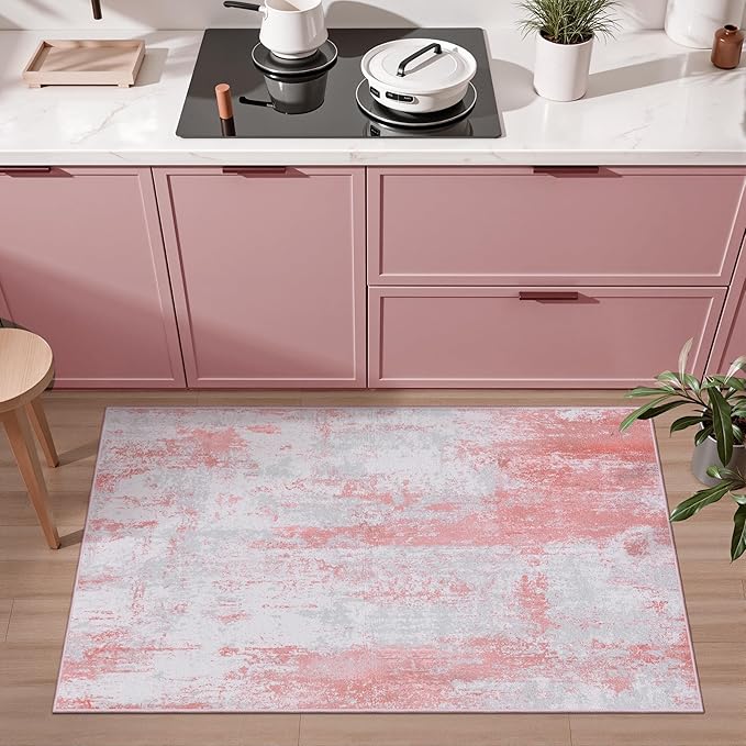 Ciicool Modern Abstract Area Rug, 2x3 Pink Grey Washable Small Entryway Rug, Low Pile Soft Non-Slip Kitchen Rug Thin Throw Rugs Room Mat Foldable Bathroom Rugs Non-Shedding Floor Carpet Indoor