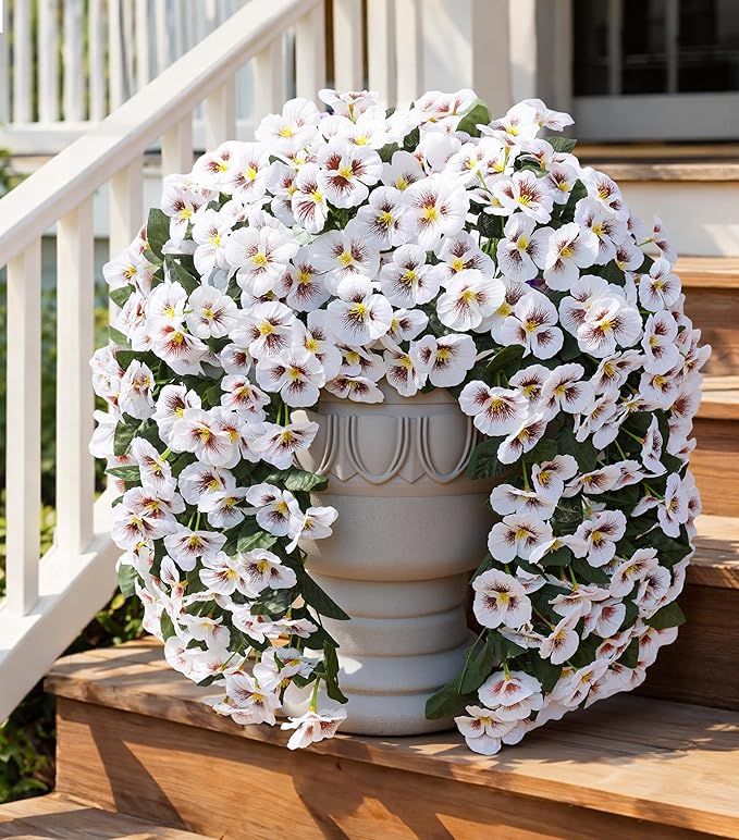 HyeFlora Artificial Flowers for Outdoors 2pcs Faux Silk Pansy Vines Lush UV Resistant Fake Hanging Flower Plants for Outside Porch Yard Patio Window Box (White)