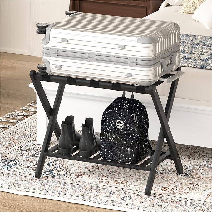 Luggage Racks Set Of 2 Suitcase Stand Foldable With Storage Shelf For Guest Room Hotel Essentials Solid Bamboo Heavy-Duty Item Holder Black