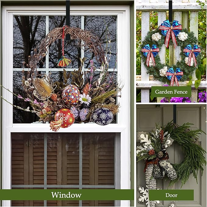2 Pack Wreath Hangers for Front Door,14 Inch Wreath Hanger Hook for Front Porch Decor,Metal Over The Door Hooks Hanger for Halloween Fall Christmas Decorations Outdoor Indoor Home Decor,Black