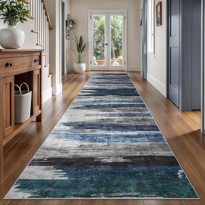 Ciicool 2'6''x14' Washable Runner Rug, Modern Abstract Hallway Rugs Runner, Non-Slip Thin Accent Rug Lightweight Navy Grey Print Distressed Carpet for Laundry Entryway Bedroom Kitchen Indoor