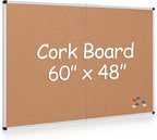 Extra Large Cork Bulletin Board 60" X 48", Foldable Notice Pin Board for Wall, Silver Aluminum Framed 5'x4' Corkboard, Wall Mounted Noticeboard with 36 Push Pins for School, Home & Office