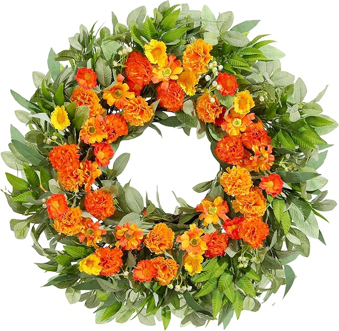 24 Inch Summer Wreaths for Front Door with Carnations, Daisies and Eucalyptus - Artificial Spring Summer Front Door Wreath for Farmhouse, Porch, Window, Wedding, Celebration, Indoor Outdoor Home Decor