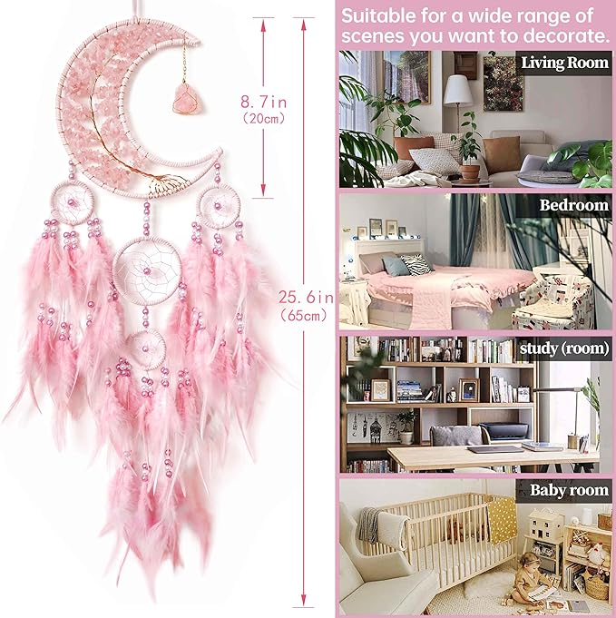 Dream Catchers,Moon Dream Catchers with Chakra Gemstone Agate Stone,Pink Tree Life Dream Catcher Wall Hangings Room Decor for Girls Bedroom Decor Art Craft Gift (Pink)