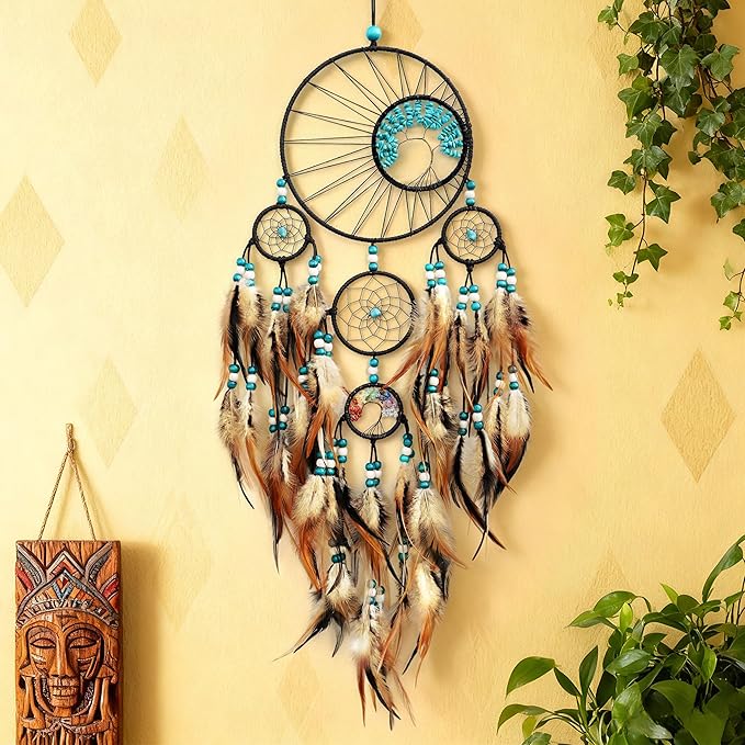 Dream Catchers,Large Dream Catcher for Bedroom Adult,Native American Boho Dreamcatcher Tree of Life Wall Decor with Turquoise Hanging Ornament Teen Dorm Room Decor Festival Gift (Brown)