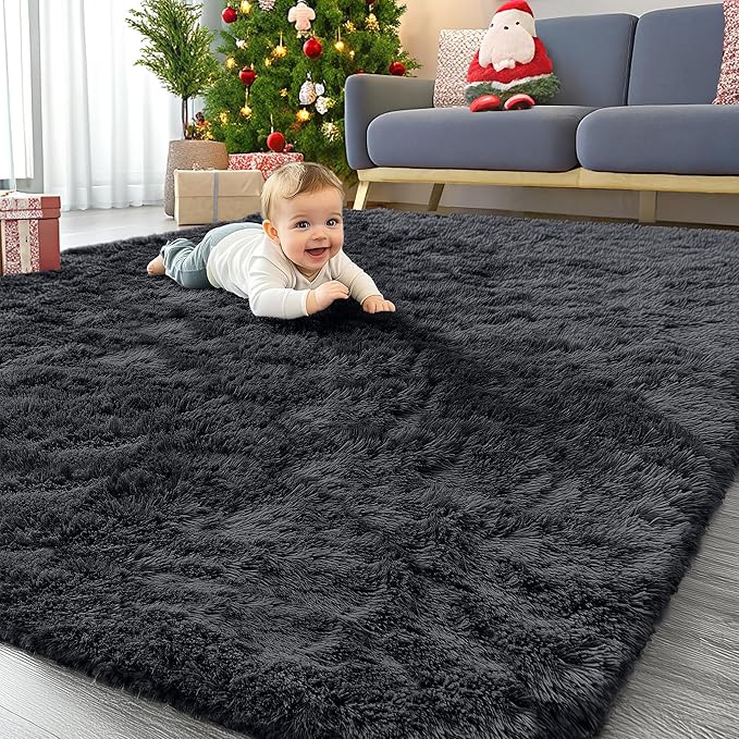OLANLY 6x8 Machine Washable Large Area Rugs for Living Room, Bedroom, Soft Fluffy Shaggy Bedside Rug, Indoor Floor Carpet for Kids Girls and Boys, Dorms, Nursery, Home Decor Aesthetic, Black
