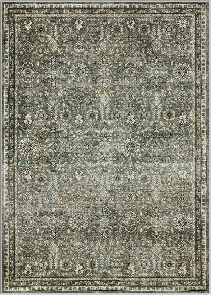 Lahome 5x7 Boho Bedroom Area Rug,Soft Vintage Washable Rugs for Living Room,Non Shedding Disdressed Floor Carpets for Home Decor Dining Room,Dark Olive Green