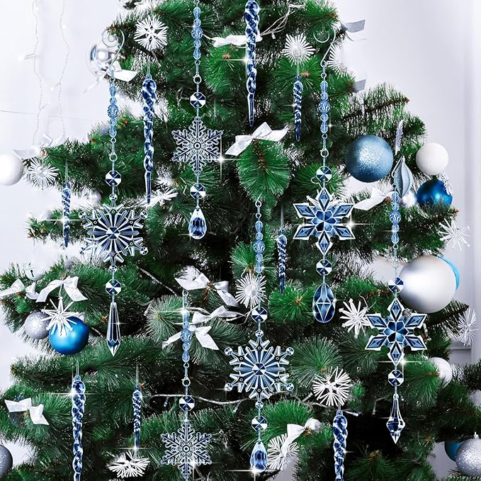 Giegxin 32 Pcs Crystal Christmas Ornaments Crystal Hanging Snowflakes Acrylic Xmas Tree Icicle Drop Decorations with Hooks for Christmas Snow Party Winter(Dark Blue)