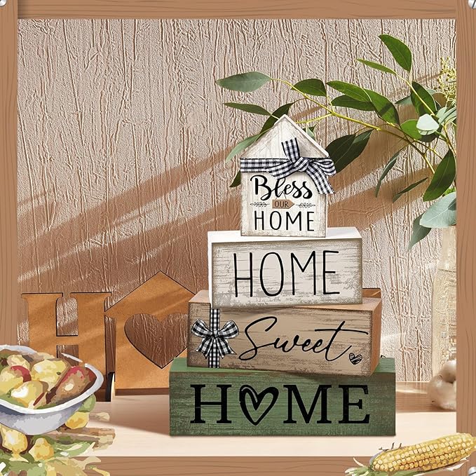 Moucuny 4 Pcs Wooden Farmhouse Table Decor Rustic Home Sweet Home Stacked Blocks Decoration Farmhouse Tiered Tray Decor Decorative Eucalyptus Block Signs Bless Gift for Kitchen Shelf Coffee Table