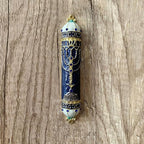 Mezuzah, Exquisite Black and Gold Enamel Mezuzah with Blue Crystal Accent