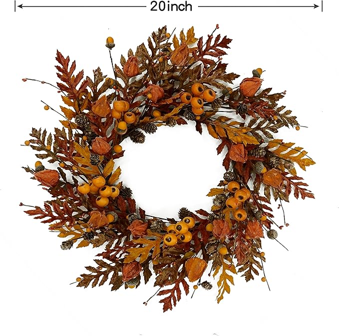 WreathDream 20 inch Fall Wreath Autumn Oak Leaves Wreath with Cape Gooseberry,Oak Leaf,Acorn,Berry,Pine Cone for Front Door Farmhouse Indoor Outdoor Festival Home Decor