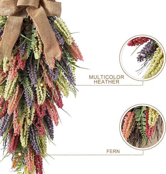 Glitzhome Pink, Purple & Yellow Mixed Heather Teardrop Swag 28" Artificial Spring Teardrop Swag Wreath for Front Door Porch Wall Window Decor