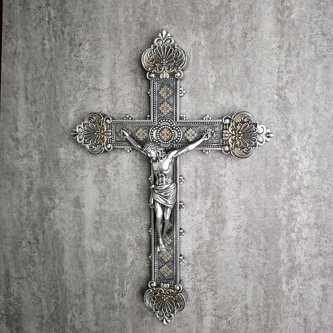 BC Catholic Crucifix Wall Cross, 12"H Jesus Christ Home Decor, Religious Gift, Vintage Silver Color Finish, Renaissance Sculpture Hand-painted by Buildclassic