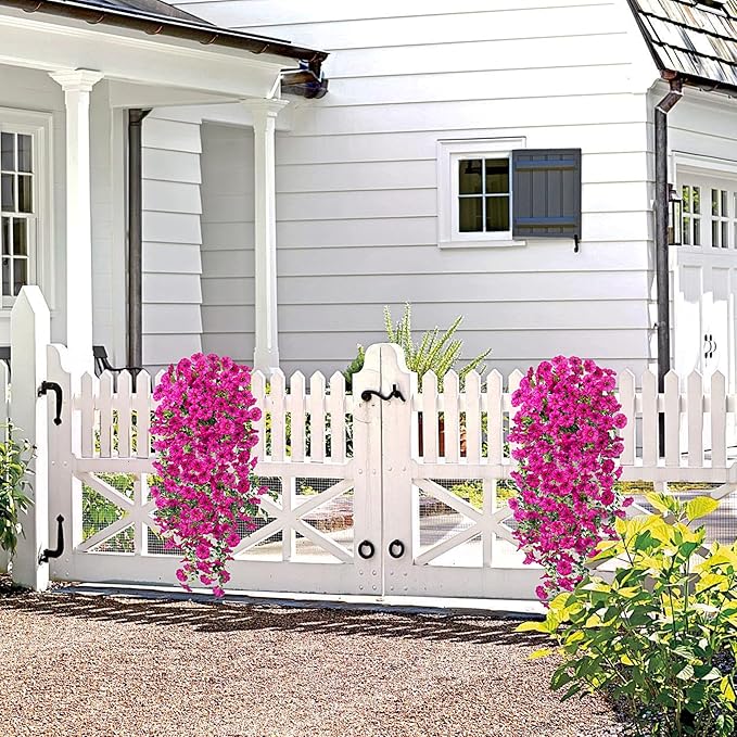 Artificial Hanging Flowers for Outdoor, 2pcs Fake Plants Long Vine Morning Glory Eucalyptus, UV Resistant Realistic Faux Greenery Indoor Outside Patio Porch Garden Spring Summer Decor, Light Purple