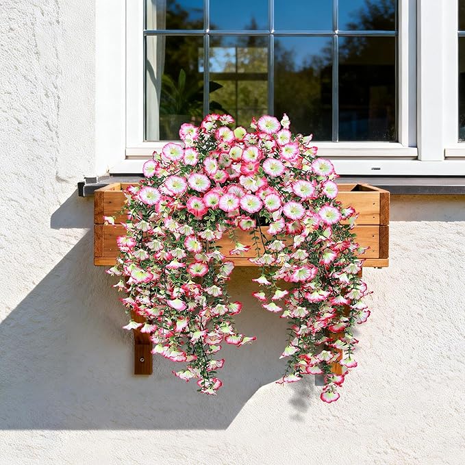Artificial Hanging Flowers for Outdoors, 4 PCS UV Resistant Faux Plants Silk Realistic 150 Morning Glory Each Vines, Fake Plastic Floral for Garden Patio Spring Summer Decor, Pink