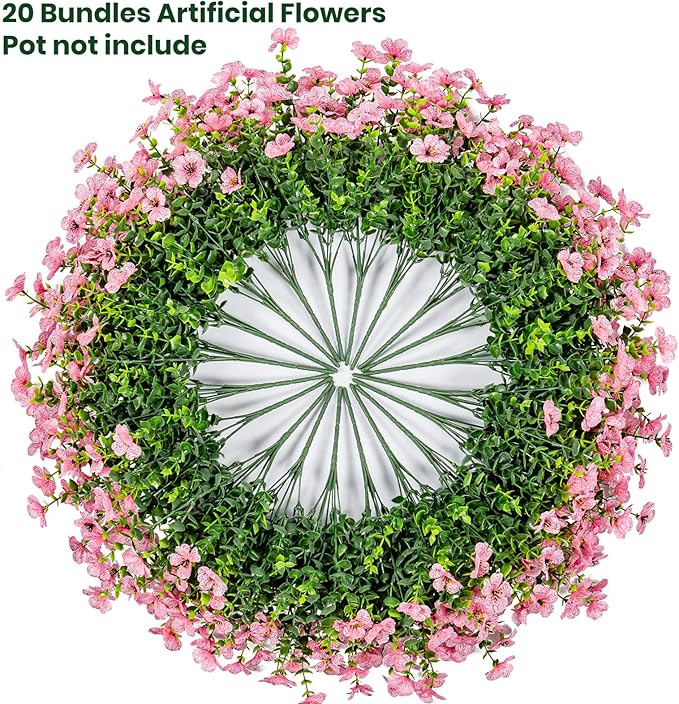 Lnoicy 20 Bundles Artificial Flowers for Outdoor Fake Plants for Spring Decoration,Faux Eucalyptus Flowers for Planter UV Resistant Lifelike for Home Porch Garden（Pink）