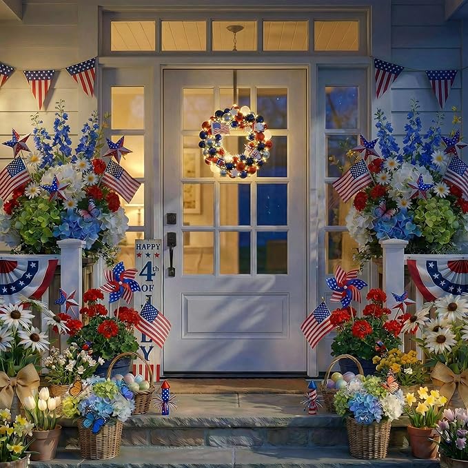 Valery Madelyn 4th of July Ball Wreath for Front Door with Lights, Red White Blue Patriotic Gnome Wreath Memorial Day Decorations with Ball Ornaments for USA 250th Anniversary Summer, 13"