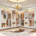 Closet System, 4-8FT Closet Organizer with 3 Wood Drawers & Glass Top, 102'' Walk in Closet with 5 Hang Rods & LED Lights & Trouser Rack, Built-in Wardrobe Clothes Rack with Shelves and Tower, White