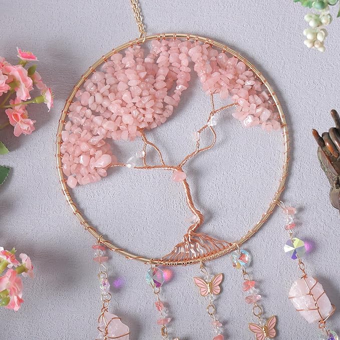 Pink Dream Catchers Crystal Tree of Life Dreamcatcher with Rose Quartz Butterfly Crystal Suncatcher for Windows Hangings Prism Decor Wall Bedroom Decoration Gifts for Boys Adults