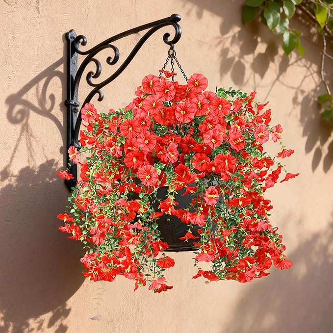 Artificial Hanging Flowers for Outdoors, 2 PCS UV Resistant Faux Silk 150 Morning Glory Each Trailing Vines, Fake Plants for Spring Outdoor Garden Planter Porch Patio Decoration, Red