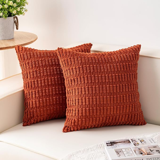 Aegero Pack of 2 Corduroy Decorative Throw Pillow Covers 16x16 Inch Soft Striped Pillow Covers Modern Farmhouse Home Decor for Sofa Living Room Couch Bed（Rust）