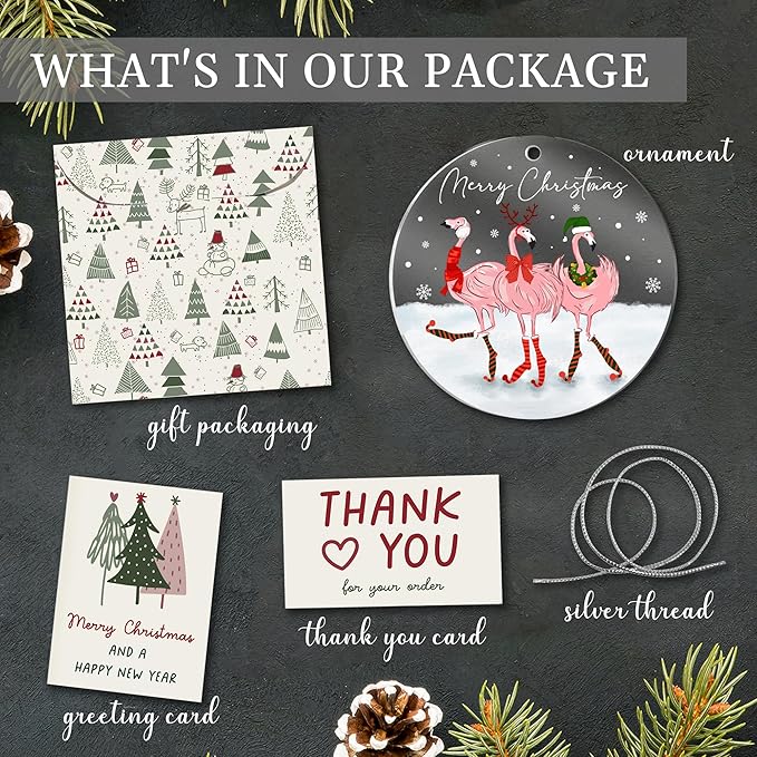 Jabihome Christmas Ornaments 2025, Exchange for Women, Men, Collectible Dated Year Ornaments for Tree, Unique Acrylic Suncatcher, Printed Stained Glass Effect Decor (Flamingo)