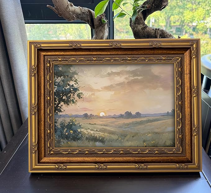 Vintage Gold Framed Wall Art Retro Fall Sunset Country Oil Painting Canvas Prints Watercolor Autumn Landscape Picture Rustic Farmhouse Soft Nature Poster Artwork for Living Room Bedroom, 16x24in