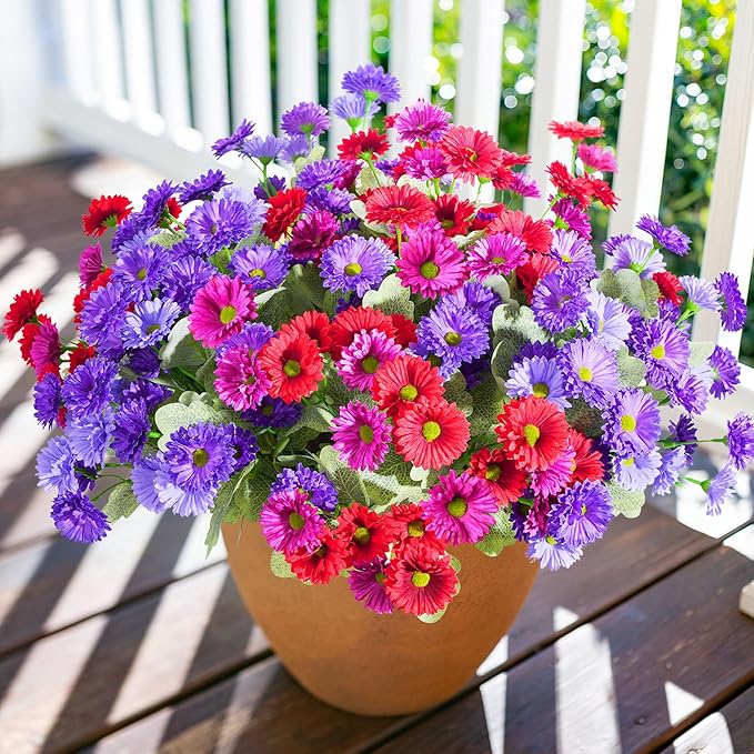 HyeFlora Artificial Flowers for Outdoors Spring Summer Decor, 6 Bundles Fake Daisy Silk Flowers for Outside Realistic UV Resistant Outdoor Faux Plants for Planters Porch Patio Garden Yard Home, Mixed