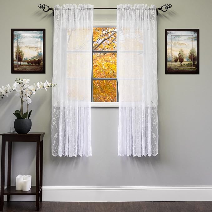 Sweet Home Collection Window Curtains Treatment Panel 63" or 84" Long in Stylish and Unique Patterns and Designs for All Home Décor Songbird White