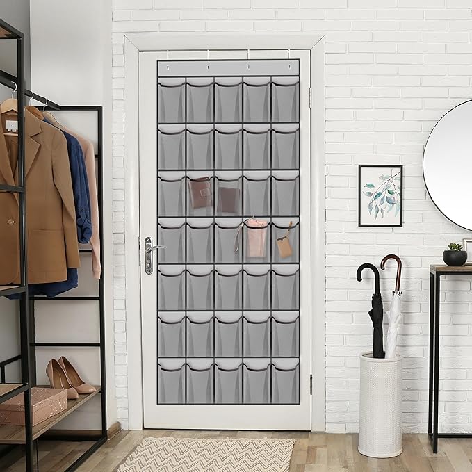 WVM Over the Door Shoe Organizer with 35 Breathable Mesh Pockets, Hanging Shoe Organizer for Door with 4 Metal Hooks, Large Capacity Closet Storage for Shoes, Accessories, Grey