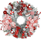 24" Artificial Christmas Wreath with Red Candy Accents, Double Ribbon Bows, Pine Cones & Ornaments, White Cedar Base for Christmas Thanksgiving Winter Holiday Front Door and Wall Decoration