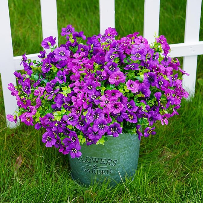 Artificial Faux Flowers Plants for Outdoors Outside Spring Summer Decoration,12 Bundles Realistic Fake Flowers Plant Greenery Silk Daisy UV Resistant Planters Porch Patio Garden Home (Double Purple)