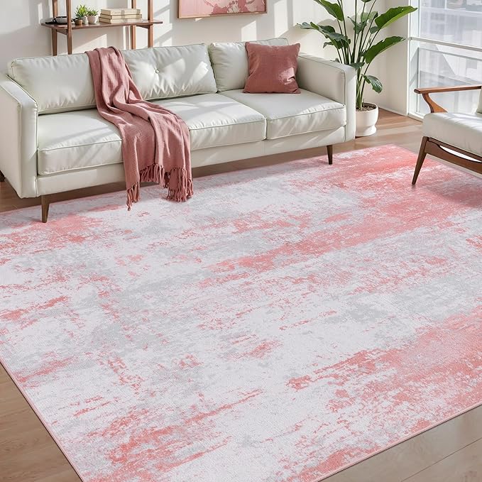 Ciicool Modern Abstract Rug for Living Room, 5x7 Machine Washable Area Rug Non-Slip Rug, Low-Pile Contemporary Indoor Dining Floor Carpet for Bedroom Office Under Table Home Decor Pink Grey