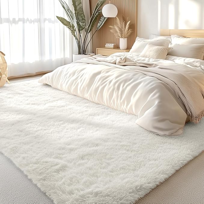OLANLY 8x8 Machine Washable Large Area Rugs for Living Room, Bedroom, Soft Fluffy Shaggy Bedside Rug, Indoor Floor Carpet for Kids Girls and Boys, Dorms, Nursery, Home Decor Aesthetic, Ivory