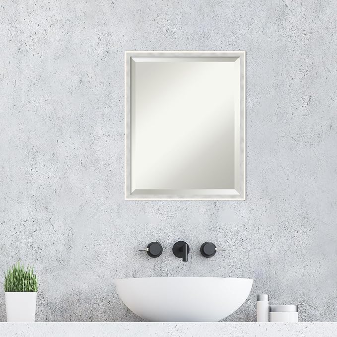 Amanti Art White Wall Mirror 21x17 Paige White Silver Rectangle Bathroom Mirror for Wall Decor Living Room, Small Modern Wood Frame, Hangs Horizonally and Vertically, Bathroom Decor, Beveled Edge